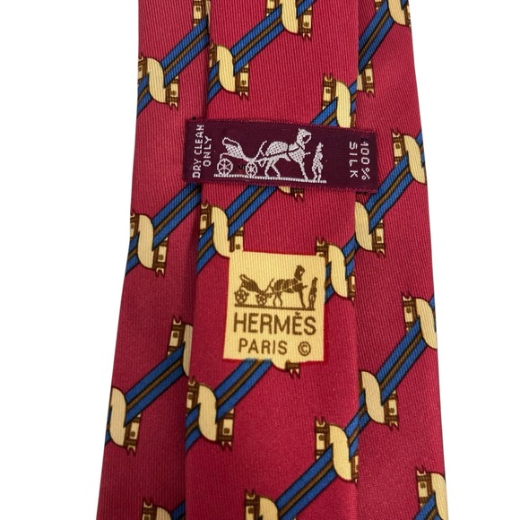 Hermes Men's Tie Geometric Striped Horse Heads Red Silk 980 SA 3.25